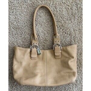 Tignanello Pebbled Leather Tote Purse Shoulder Handbag Tan Silver Buckles